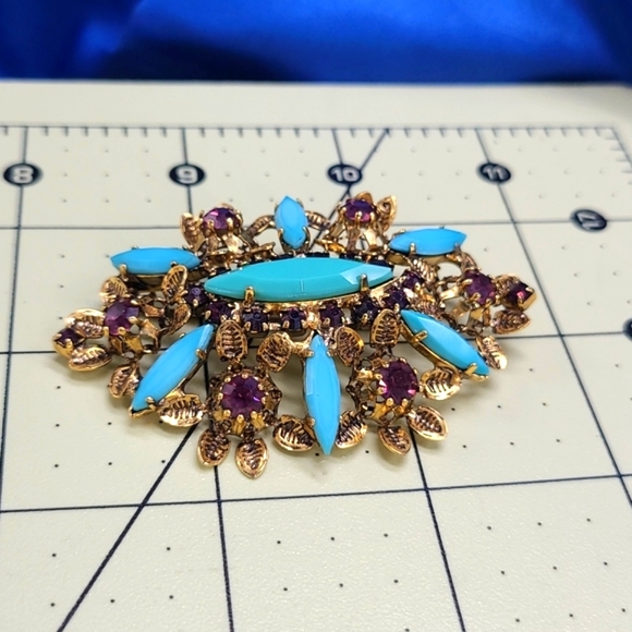 Vintage AUSTRIA Turquoise Rhinestone Brooch Purple Crystal Pin Ornate Antique - Picture 9 of 16